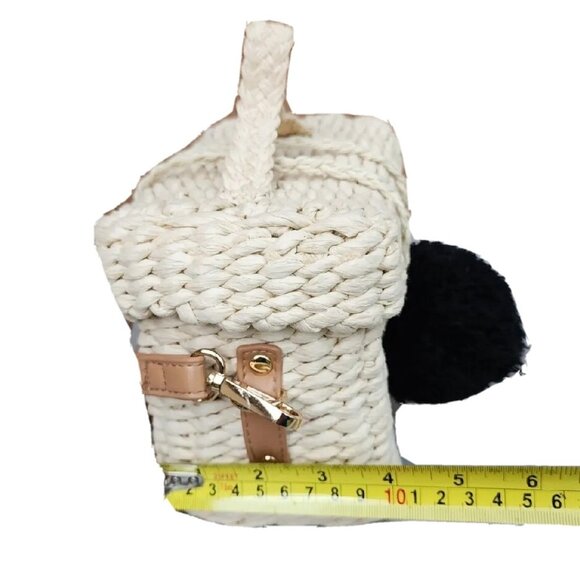 Surell Natural Straw Small Rectangle Basket Crossbody Handbag W/Black PomPom -EC - Picture 7 of 10